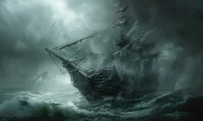 A skeletal pirate ship battles through a storm.
 - obrazy, fototapety, plakaty