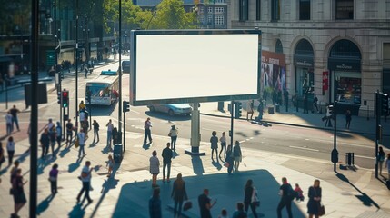 people on the street near blank billboard