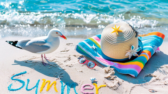 Seagull near beach accessories with Summer written in sand. Coastal summer vacation theme with ample copy space.