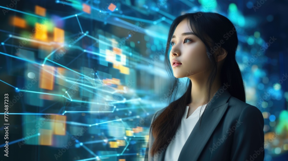 Poster tech analyst study cyber data chart from corporate system for statistical analytic defining marketin
