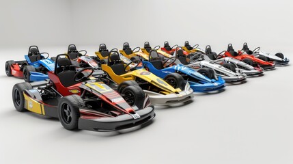 A row of go-karts lined up, perfect for recreational and racing concepts