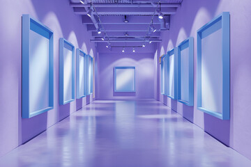 A spacious museum hall with walls painted in a delicate lavender hue, featuring bold, cerulean blue frame mockups. 