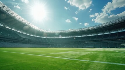 A wide-angle drone shot captures a soccer or football field in a large stadium, set against a beautiful clear sky.
 - obrazy, fototapety, plakaty
