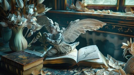 Angel statue sitting on top of a book, suitable for educational concepts - obrazy, fototapety, plakaty