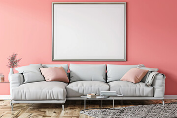 A tranquil Scandinavian living room with a dove grey sofa set against a coral pink wall. One large blank empty mock-up poster frame in a brushed nickel finish brings a modern feel above the sofa. 