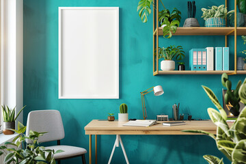 A vibrant, Scandinavian-style home office with a turquoise wall, showcasing a white frame mockup poster. The office is equipped with a sleek, wooden desk, a modern chair