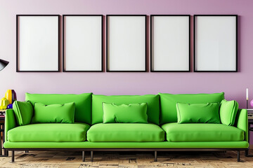 A vibrant Scandinavian living room with a neon green sofa against a soft lilac wall. Four blank empty mock-up poster frames 