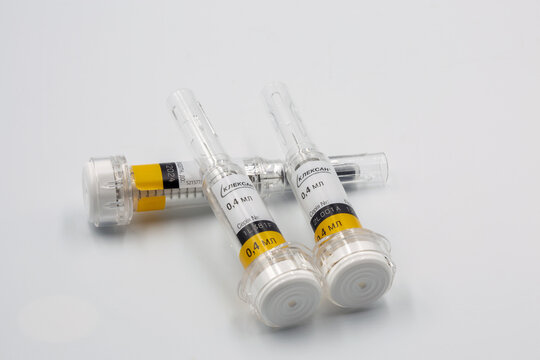 Sanofi Clexane syringes closeup on white.