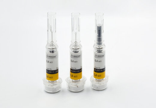 Sanofi Clexane syringes closeup on white.
