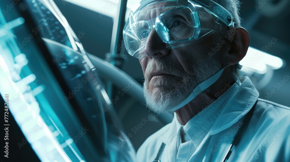 Aufkleber A man in a lab coat and goggles looking at a computer screen. Ideal for scientific and research concepts