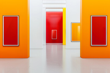 A white art gallery's interior is transformed by three wall mock-ups, each a different color red, orange, and yellow. The frames on each wall mirror their background color, c