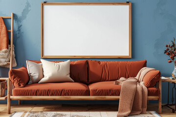 A warm Scandinavian living room with a terracotta sofa set against an azure blue wall. One large blank empty mock-up poster frame 