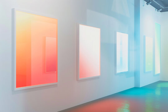 A white art gallery space, bathed in soft, natural light, features three mock-up walls. The walls are painted in gradients of red to orange, orange to yellow, and green to blue