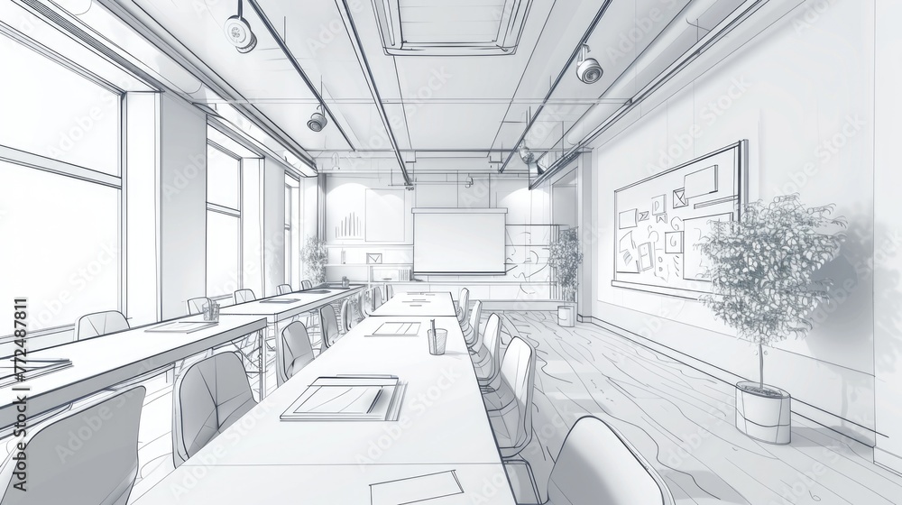 Poster a drawing of a conference room with tables and chairs. suitable for business presentations