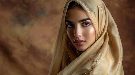Embodying grace and sophistication, a modern Muslim woman captivates in a beige hijab, her natural beauty shining against the warm tones of a studio's brown backdrop.