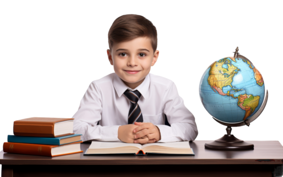 A young boy engrossed in studying with books and a globe on his desk