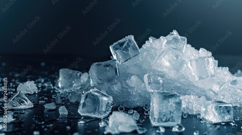 Poster a pile of ice sitting on top of a table. suitable for food and beverage concepts