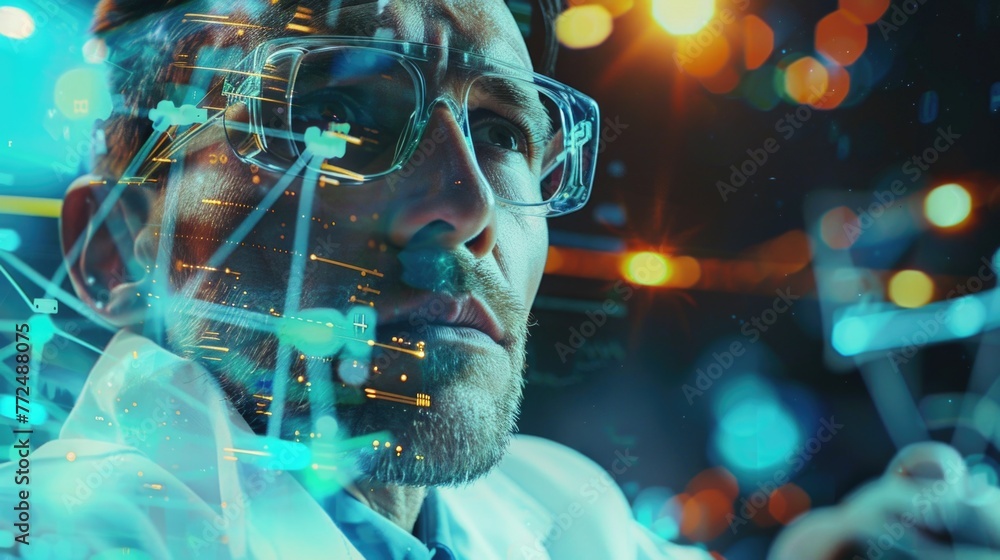 Poster A man with glasses and a tie looking at a computer screen. Suitable for business and technology concepts