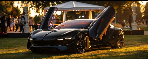 Sleek black sports car with upward-opening doors at sunset. Luxury automotive event concept. - obrazy, fototapety, plakaty