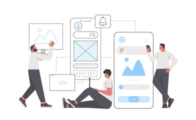 Set of UI and UX designers creating web interface design for mobile apps and websites. Design studio or agency working on development application interface. Flat vector illustration.