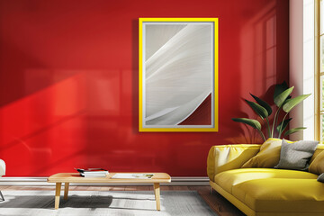In this modern living room, a vibrant red wall adds energy and excitement, complemented by a yellow-framed poster featuring a sleek, abstract design. 