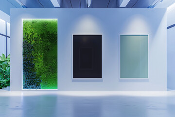 The interior of a futuristic white art gallery, where three blank mock-up posters are presented. Each poster is backed by a uniquely colored wall the first in a lush green, symbolizing growth; 