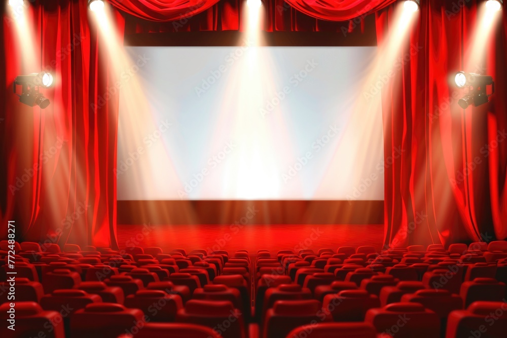 Aufkleber An empty theater with red curtains and a projector screen. Suitable for presentations or entertainment concepts