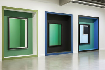 Within the serene space of a white art gallery, three wall mock-ups stand in contrast, adorned in green, black, and blue. The color-matched frames add depth and sophistication to each wall, 