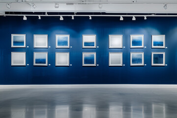 Within a white art gallery, a deep blue wall evokes a sense of calm. Silver frames, each containing a minimalist, abstract painting, are evenly spaced across the wall. 