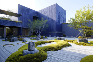 An avant-garde dwelling with a bold indigo exterior, standing amidst a Zen garden with meticulously arranged stones and moss. The architecture features a mix of organic shapes and modern lines