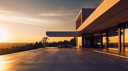 An expansive photo capturing the warm glow of a contemporary house during the golden hour, with...