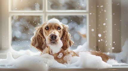 A dog sitting in a bathtub covered in foam. Perfect for pet grooming services