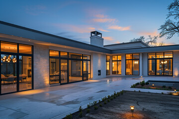 An expansive photo capturing the serene ambiance of a contemporary home at dusk, with indoor lights casting a warm, welcoming glow through large windows, 