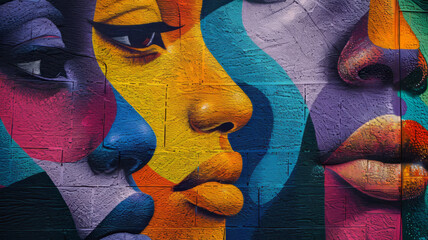 A colorful graffiti mural with abstract faces.
