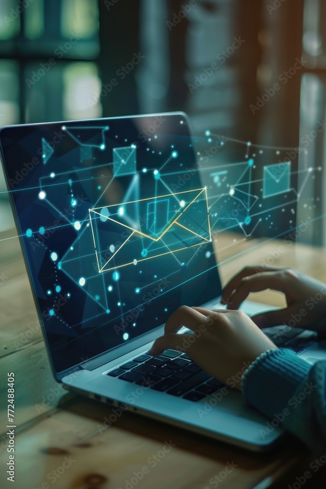 Poster person using laptop with multiple connections