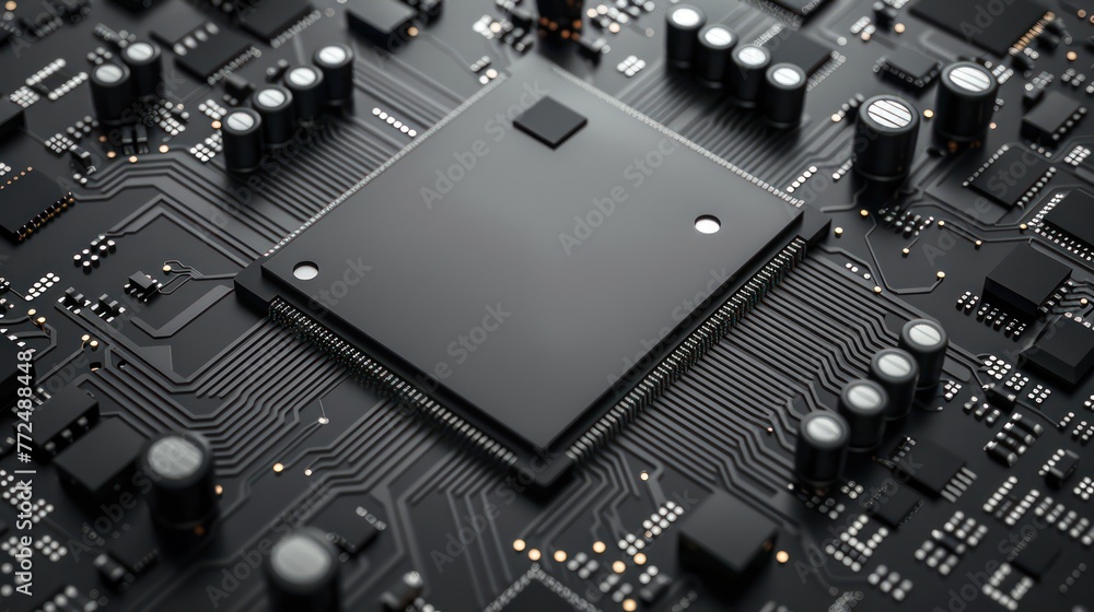 Poster realistic matte black computer chip and circuit board background
