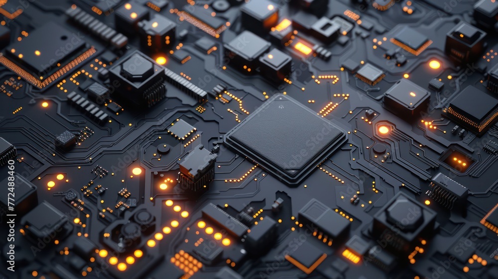 Poster realistic matte black computer chip and circuit board background for design purposes.