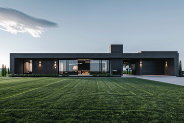 A luxurious residence with a matte charcoal finish, surrounded by a perfectly trimmed grass lawn. It features innovative, foldable glass doors, a hidden garage, and subtle outdoor lighting fixtures. 