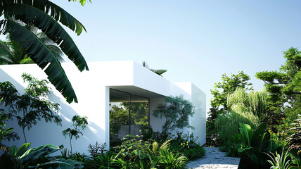 A minimalist white home surrounded by a lush garden, under a cloudless sky, offering a vision of contemporary serenity and simplicity.
