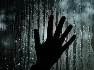 a person hand shown behind a dripping wet window