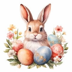 watercolor cute easter bunny and eggs surrounded by flowers isolated