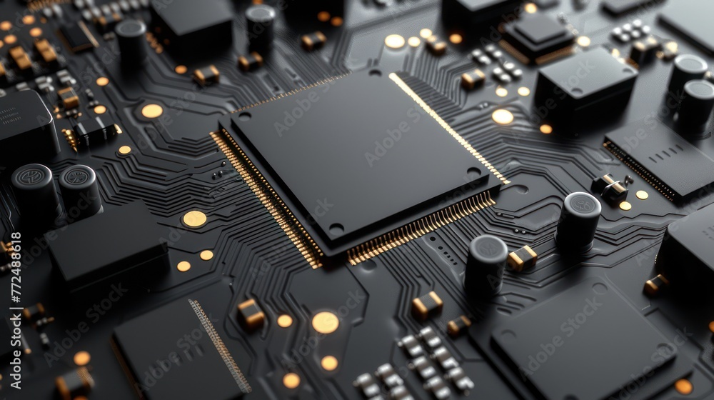 Poster realistic matte black computer chip and circuit board background