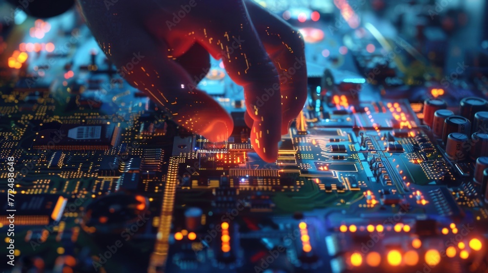 Poster close up of a person touching a circuit board, suitable for technology concepts
