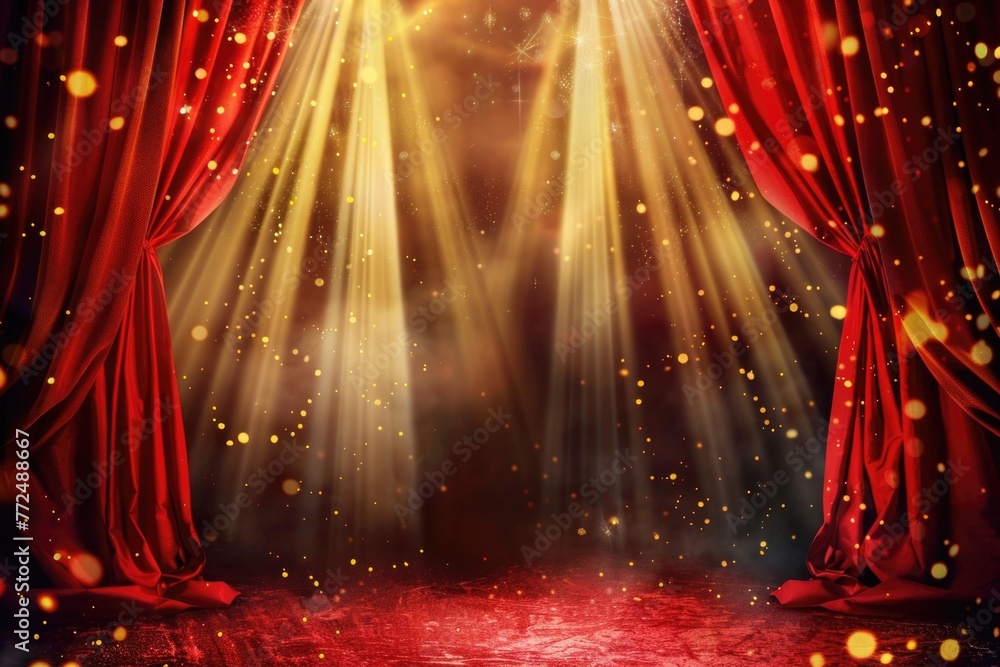 Poster a stage with a red curtain and bright lights. perfect for theater and entertainment concepts