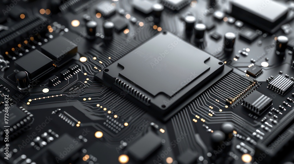 Poster realistic matte black computer chip and circuit board background for design purposes.