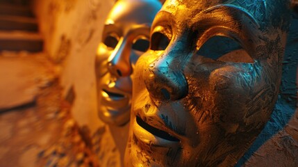 Close up of two masks on a wall, suitable for Halloween or theater themes