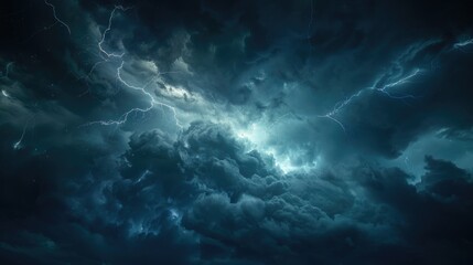 Fototapeta premium Dramatic image of dark sky with lightning bolts. Perfect for weather or natural disaster concepts