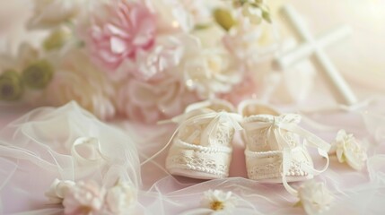 Baby shoes next to a bouquet of flowers, perfect for baby shower invitations