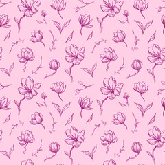 Magnolia, seamless pattern, flowers and leaves, vector sketch illustration, hand drawn, black outline
