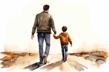 watercolor drawing of rear view of a dad holding his son hand and walking together - fathers day - father and son - Powered by Adobe